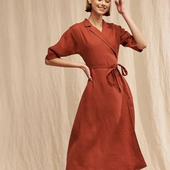 Black Linen Midi A-Line Wrap Dress by LinenHandmadeStudio - Picture 1 of 4